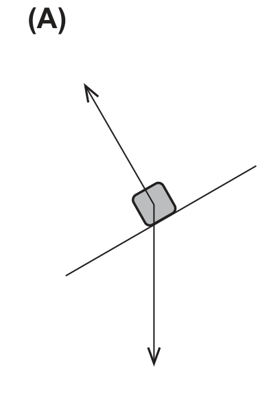 Diagrama (A): duas forças, o peso na vertical e a normal perpendicular à rampa