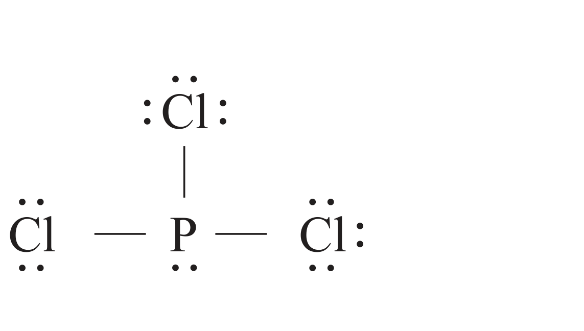Figura 3: estrutura de Lewis do PCl3, com o átomo de fósforo central ligado a três átomos de cloro por ligações simples, cada cloro com três pares de eletrões não ligantes, e um par de eletrões não ligante no átomo de fósforo