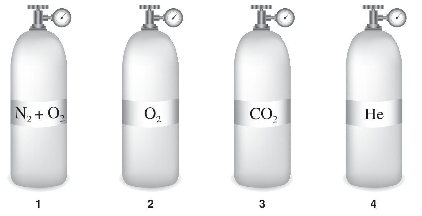Figura 8: quatro cilindros de gás iguais, numerados 1 a 4, rotulados respetivamente N2 + O2, O2, CO2 e He