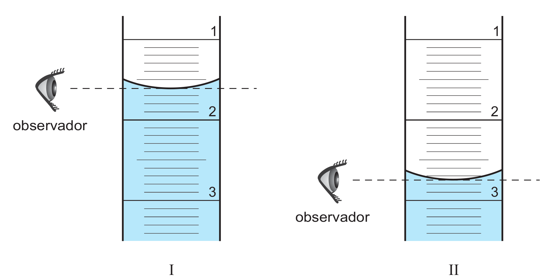 Figura 3: duas leituras do mesmo troço de bureta, entre as marcas 1 e 3; a leitura I mostra o nível da água perto da marca 2 (entre as marcas 1 e 2), e a leitura II mostra o nível perto da marca 3 (entre as marcas 2 e 3), com o olho do observador alinhado com o fundo do menisco em cada caso